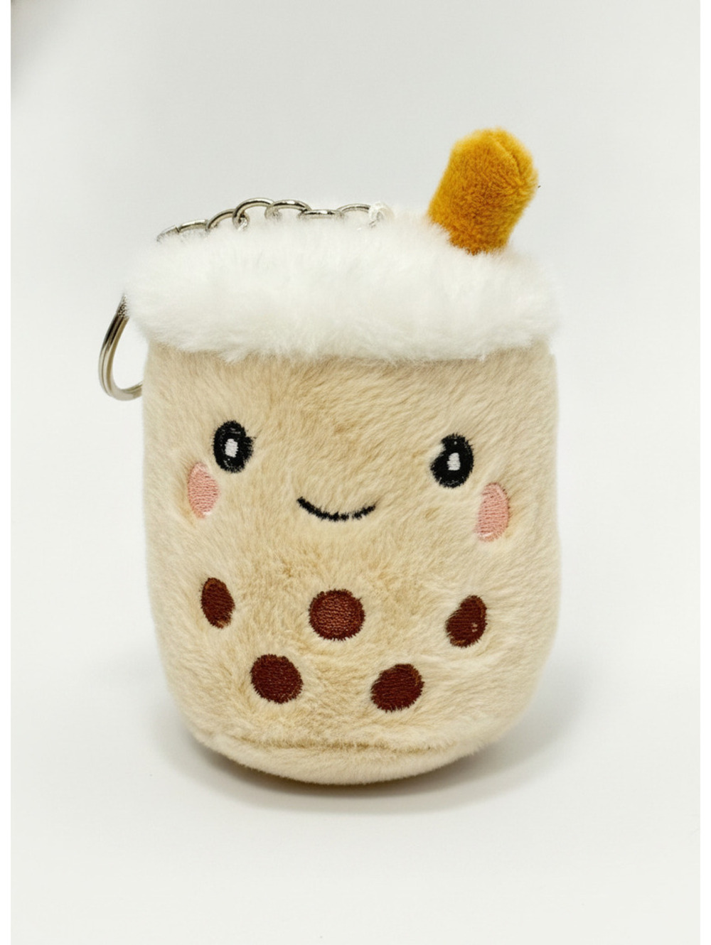 Plush Bubble Tea Bag Charm Keychain with Soft Furry Texture and Smiling Face